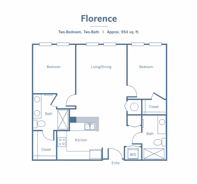 Floor plan titled Florence showing a two-bedroom, two-bath apartment layout of approximately 954 square feet. The plan includes two bedrooms, two bathrooms, a combined living and dining area, a kitchen, closets, an entry, and a washer/dryer area.