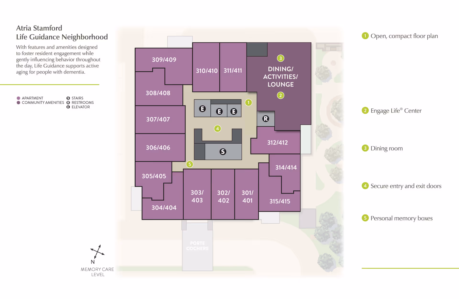 Floor plan of Atria Stamford Life Guidance Neighborhood showing apartment units, community amenities including dining/activities/lounge, stairs, restrooms, and elevators. The layout highlights features such as open compact floor plan, Engage Life Center, dining room, secure entry and exit doors, and personal memory boxes.