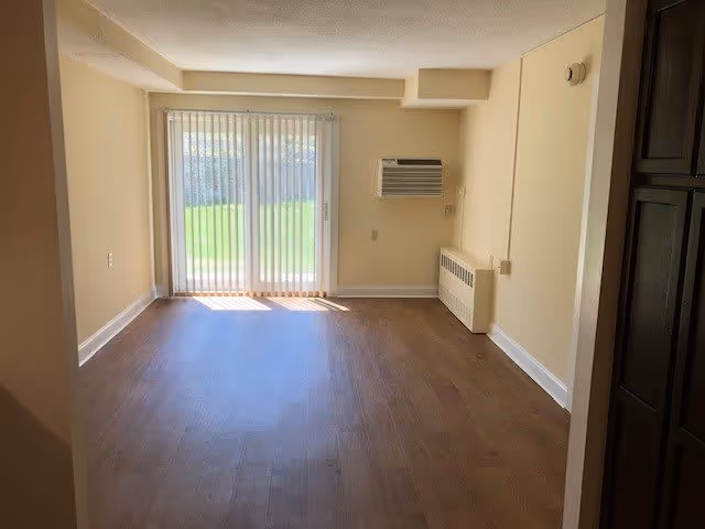 Empty room with light beige walls and wood flooring, featuring a large sliding glass door with vertical blinds that opens to a grassy outdoor area. The room has a wall-mounted air conditioning unit and a heater below it.