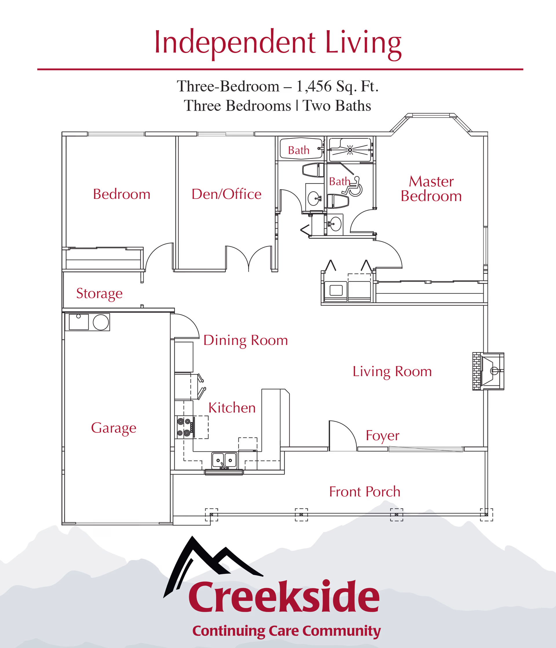 Floor plan of an independent living unit at Creekside Continuing Care Community showing a layout with three bedrooms, two bathrooms, a den/office, storage, garage, dining room, kitchen, living room, foyer, and front porch.