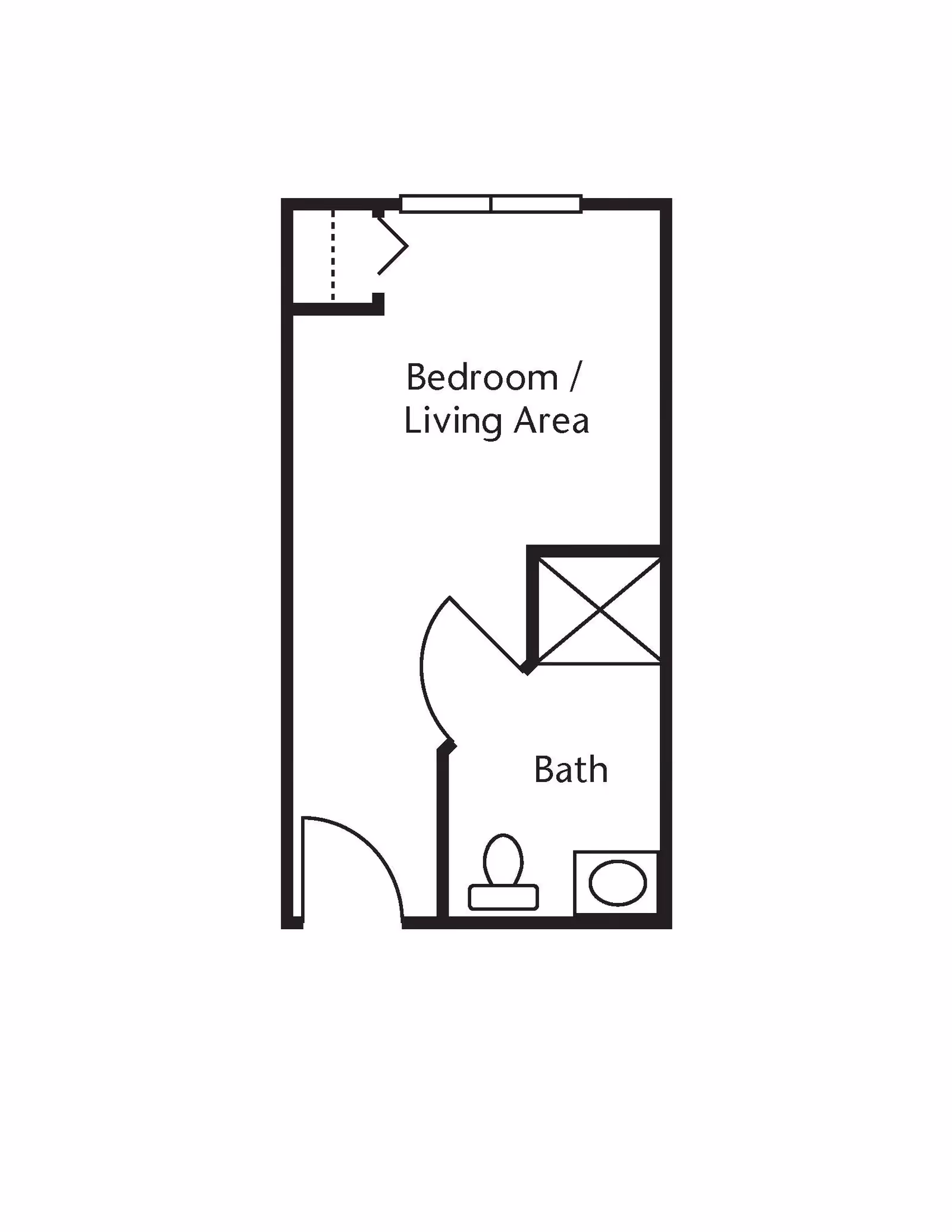 Floor plan layout showing a combined bedroom and living area with an adjacent bathroom that includes a toilet and sink.