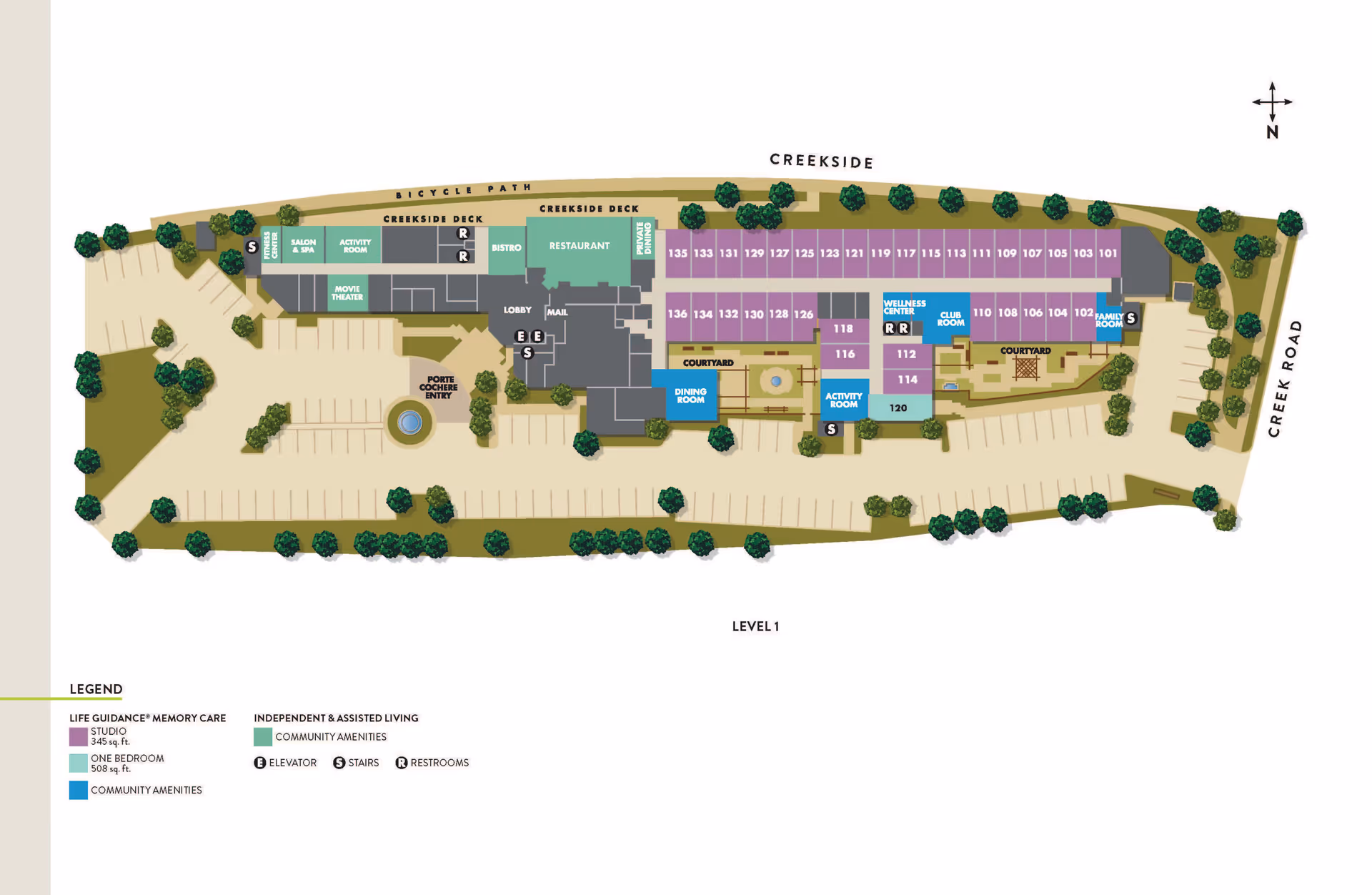 Floor plan of Atria Golden Creek senior living facility showing layout of rooms including studios, one-bedroom apartments, community amenities like salon & spa, activity room, movie theater, bistro, restaurant, wellness center, club room, family room, dining room, courtyards, parking areas, and entry points along Creek Road and Creekside.