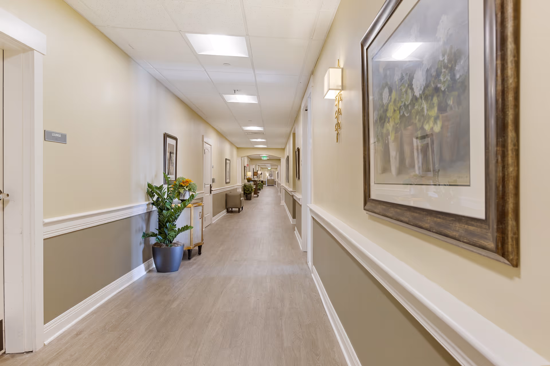 A long, well-lit hallway in a senior living facility with beige and light green walls, wood flooring, framed artwork, potted plants, and a small cabinet. Doors line the hallway, and a sign on one door reads 'Lounge'.