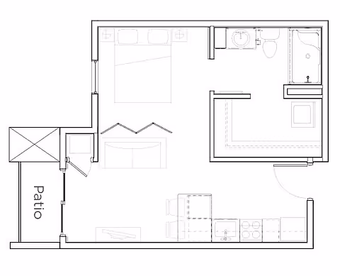 Architectural floor plan of a senior living unit featuring a bedroom with a bed, a bathroom with a shower, toilet, and sink, a kitchen area with appliances and a dining table, and a patio.