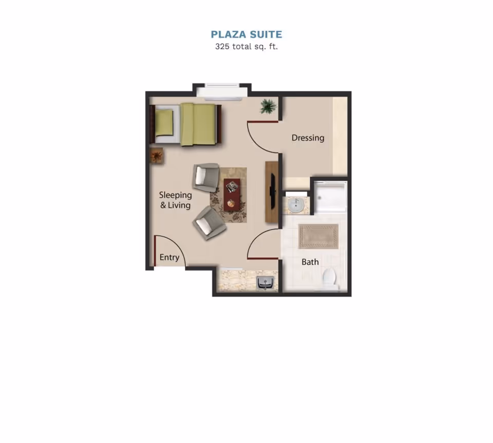 Floor plan of the Plaza Suite at Vintage Park At Atchison showing a 325 square feet layout with labeled areas including Entry, Sleeping & Living area with a bed and two chairs, Dressing room, and Bath with a sink, shower, and toilet.