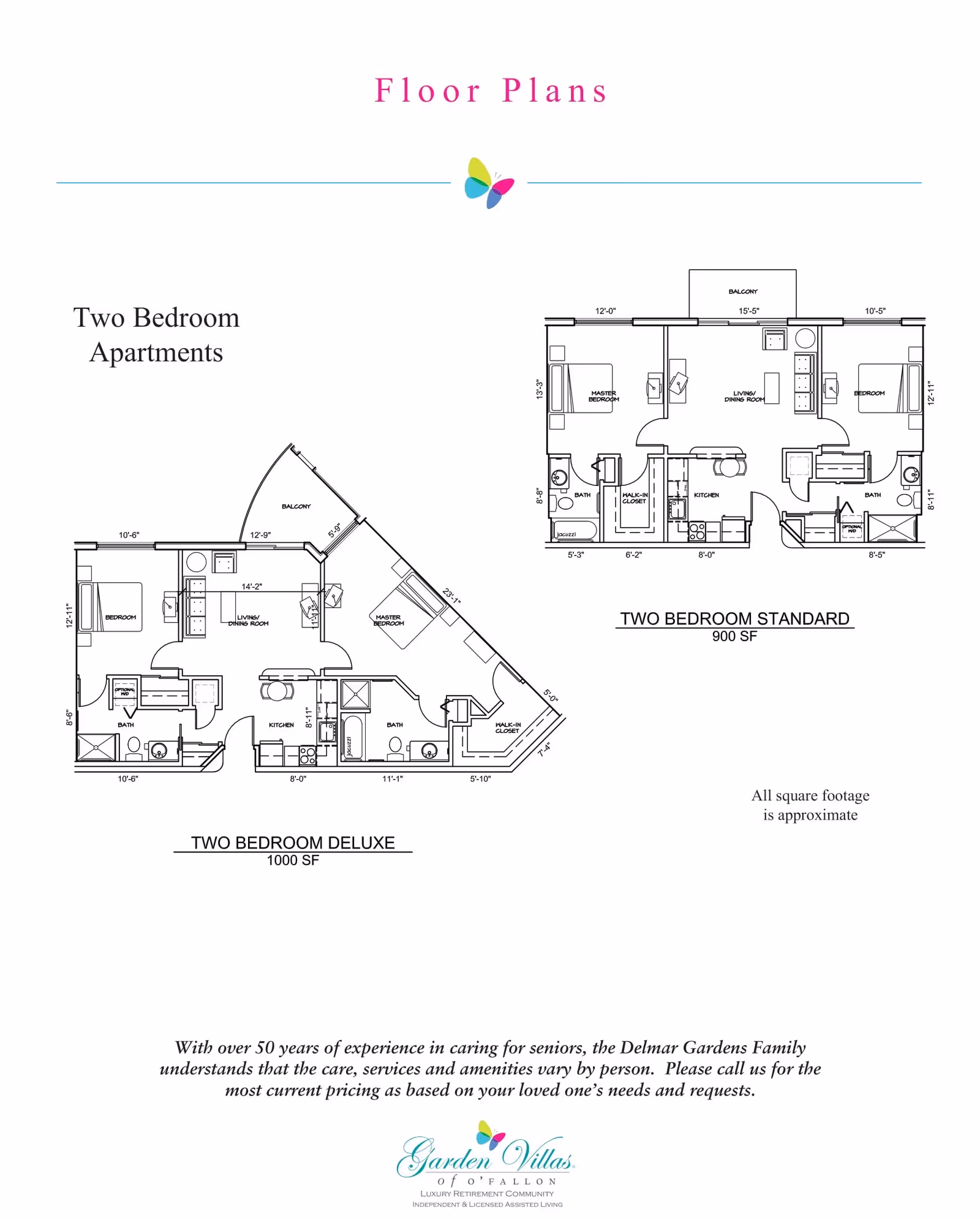 Floor plans for two-bedroom apartments at Garden Villas of O’Fallon, showing layouts for Two Bedroom Deluxe (1000 SF) and Two Bedroom Standard (900 SF) units with labeled rooms including bedrooms, bathrooms, kitchen, living/dining room, walk-in closets, and balconies.