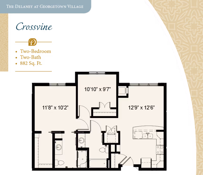 Floor plan of the Crossvine apartment at The Delaney at Georgetown Village showing a two-bedroom, two-bath layout with dimensions for each room and a total area of 882 square feet.
