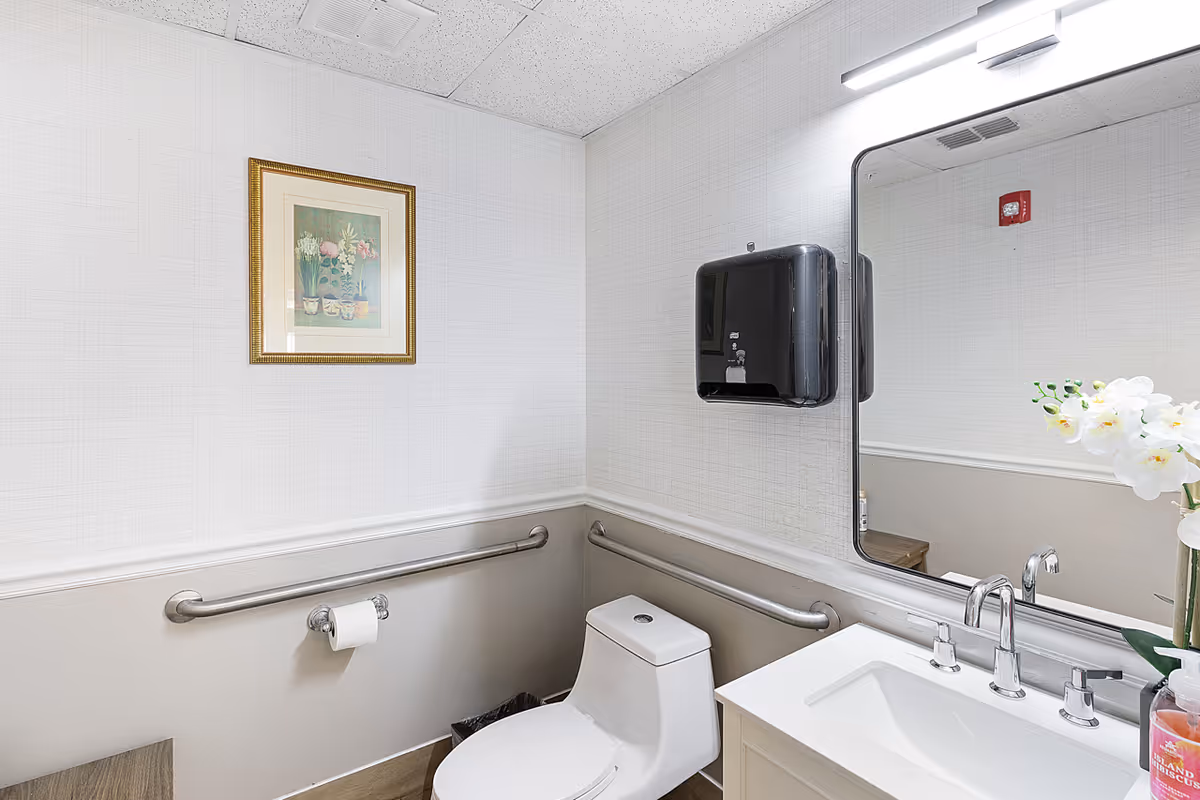 A clean and accessible bathroom with a white toilet, a white sink with a silver faucet, a large mirror above the sink, a black paper towel dispenser mounted on the wall, grab bars on the walls, a framed floral picture, and a vase with white flowers on the sink counter.