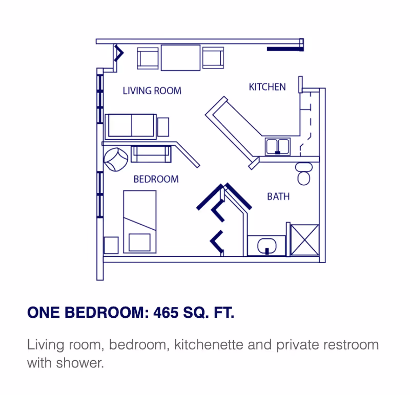 Blueprint floor plan of a one-bedroom, 465 sq. ft. unit showing a living room, kitchenette, bedroom, and bathroom.