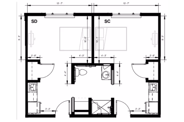 Architectural floor plan of two adjacent bedrooms labeled 'SD' and 'SC' with beds, closets, a shared central bathroom and dimensional annotations.