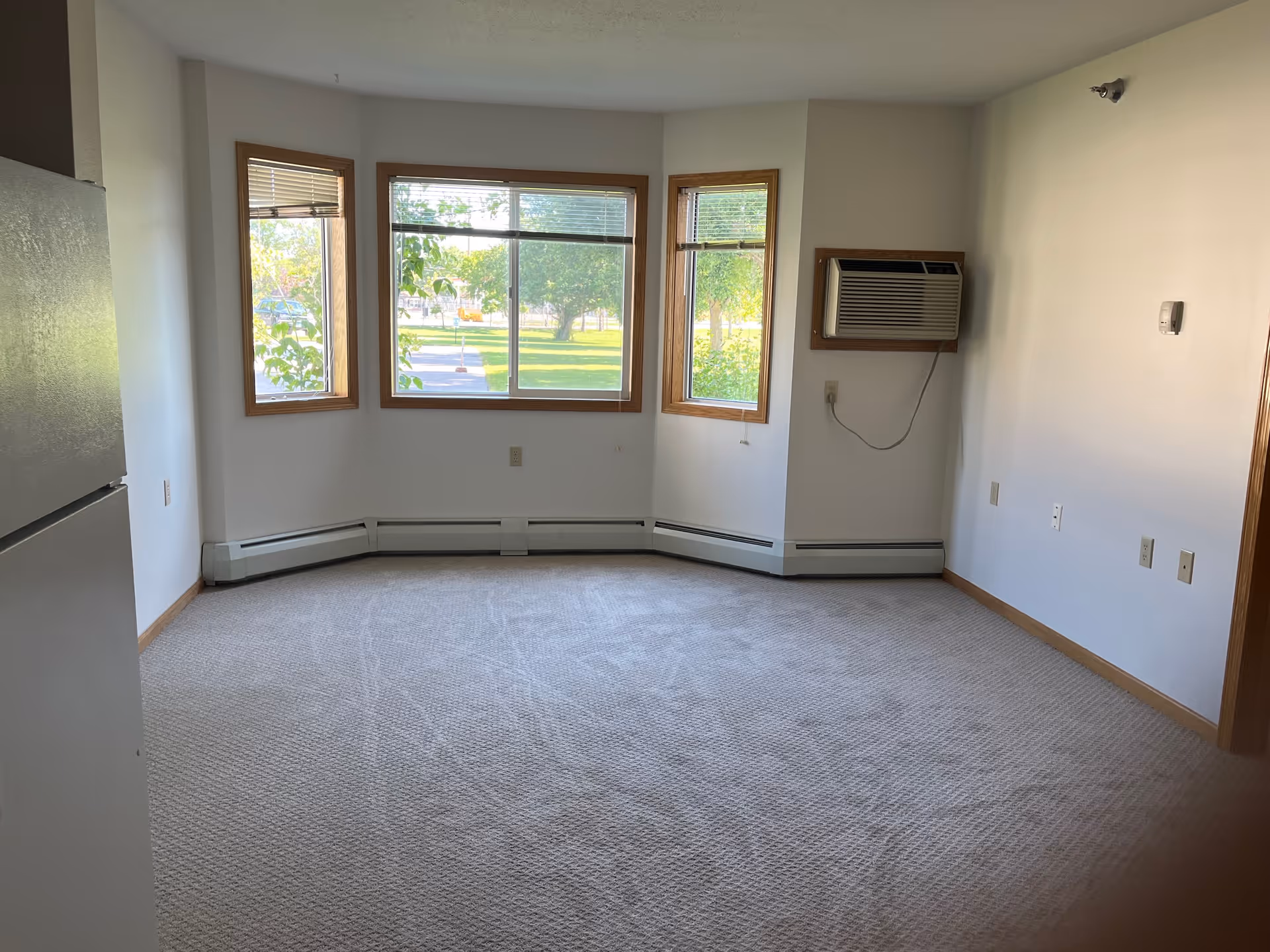 Empty room with beige carpet, three large windows with wooden frames showing green trees outside, a wall-mounted air conditioning unit, and white walls with several electrical outlets.