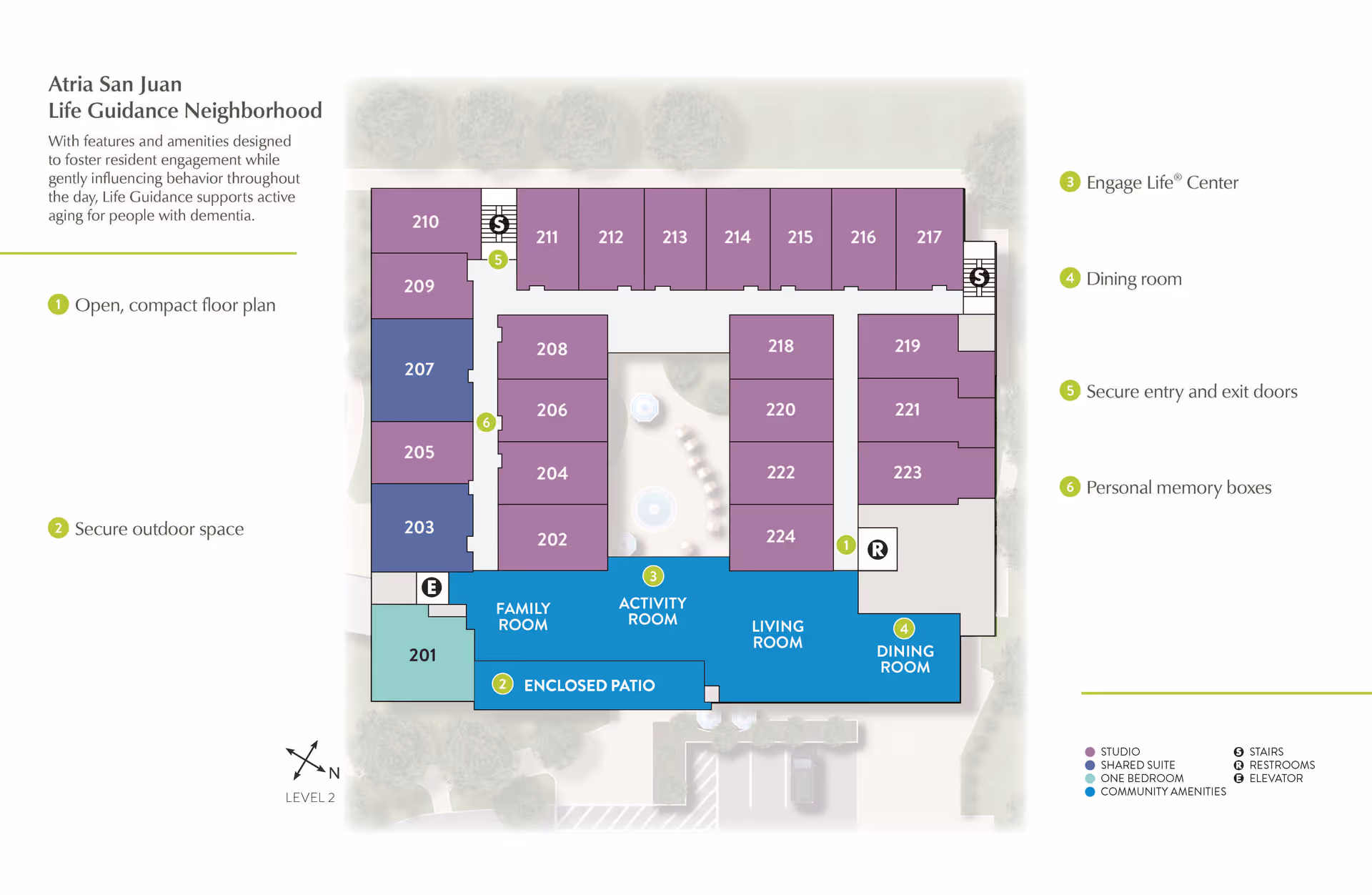 Floor plan of Atria San Juan Life Guidance Neighborhood showing a layout with studio, shared suite, one bedroom, and community amenities. The plan includes labeled rooms such as family room, activity room, living room, dining room, and an enclosed patio. It highlights features like secure outdoor space, secure entry and exit doors, personal memory boxes, and an Engage Life Center. The floor plan is color-coded and includes stairs, restrooms, and elevator locations.