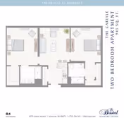Floor plan of a two-bedroom apartment named The Carlyle at The Bristal Assisted Living at Somerset, showing two bedrooms, two bathrooms, a living area, and a kitchen/dining area, with furniture layout included.