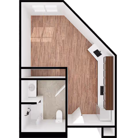 Top-down view of a small apartment floor plan featuring a main living area with wood flooring, a kitchen area with appliances and cabinetry along one wall, and a separate bathroom with a toilet, sink, and shower.