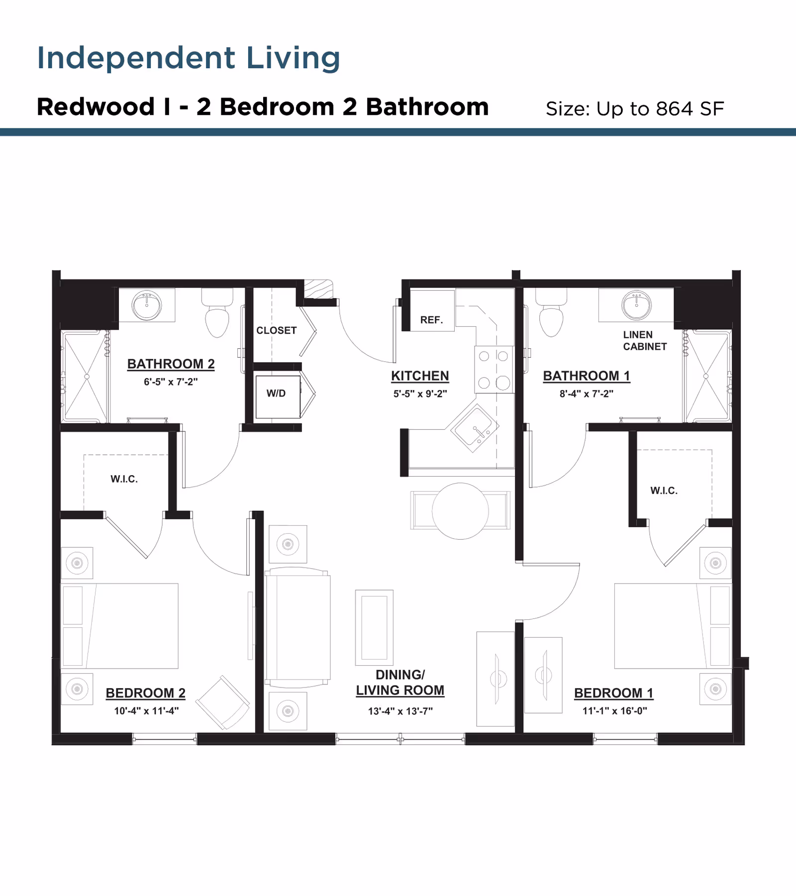 Floor plan for Redwood I independent living unit at Monarch Spring Meadows, featuring 2 bedrooms and 2 bathrooms. The layout includes a kitchen, dining/living room, two bedrooms each with walk-in closets, two bathrooms, a closet with washer/dryer, and linen cabinet.