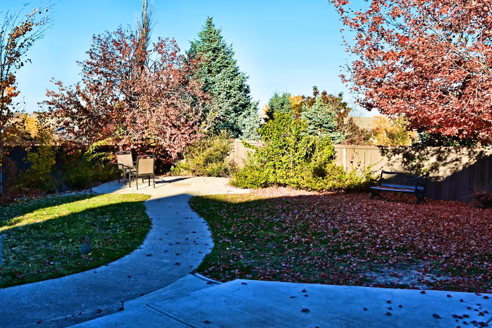 Outdoor garden area with a curved concrete pathway, green grass, fallen autumn leaves, several trees with red and green foliage, two chairs near the pathway, and a bench near a wooden fence under a clear blue sky.