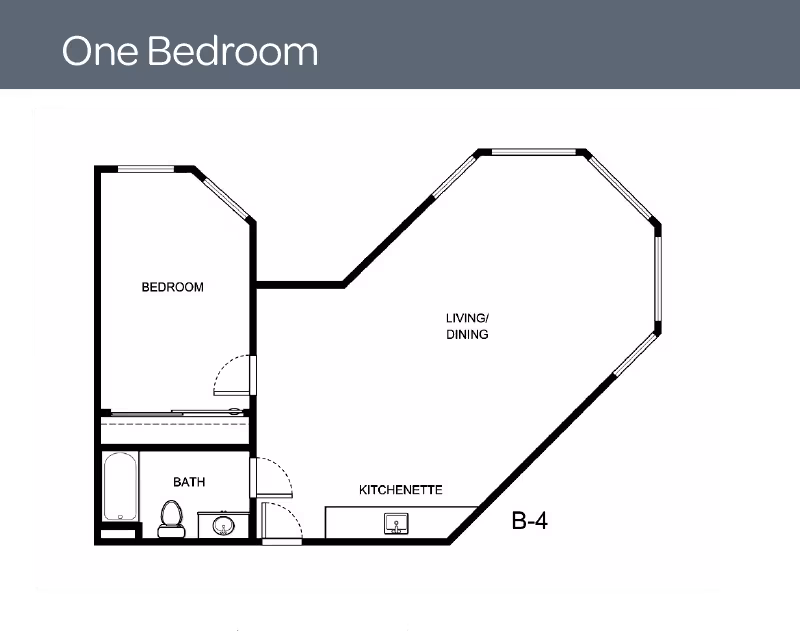 Floor plan layout of a one-bedroom unit at Virginian facility, showing a bedroom, bath, kitchenette, and combined living/dining area with angled walls and multiple windows.