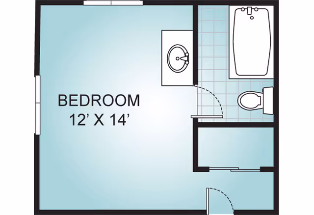 Floor plan of a senior living unit showing a bedroom measuring 12 feet by 14 feet, connected to a bathroom with a sink, bathtub, and toilet.