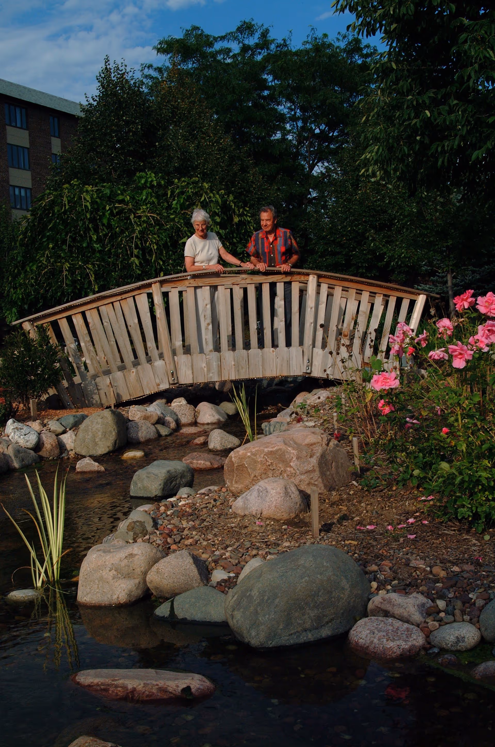 An elderly man and woman standing on a wooden bridge over a small rocky stream in a garden area with trees and pink flowers, with a multi-story building visible in the background.