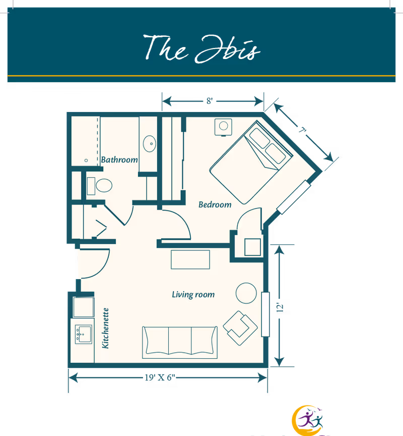 Floor plan titled 'The Ibis' showing a layout with a bedroom, bathroom, living room, and kitchenette. The bedroom contains a bed and nightstand. The bathroom includes a toilet and shower. The living room has a sofa, chair, and table. Dimensions are marked for various sections.
