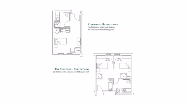 Architectural floor plans for two studio suites at Brandywine Voorhees by Monarch. The Kirkwood - Reflections studio suite features 307-394 square feet of living space, including a bathroom, closet, kitchen area with refrigerator, and living/sleeping area with TV. The Stafford - Reflections suite features 426-428 square feet with two separate sleeping areas, each with wall-mounted TVs, closets, a shared bathroom, kitchen area with refrigerator, and HVAC unit.