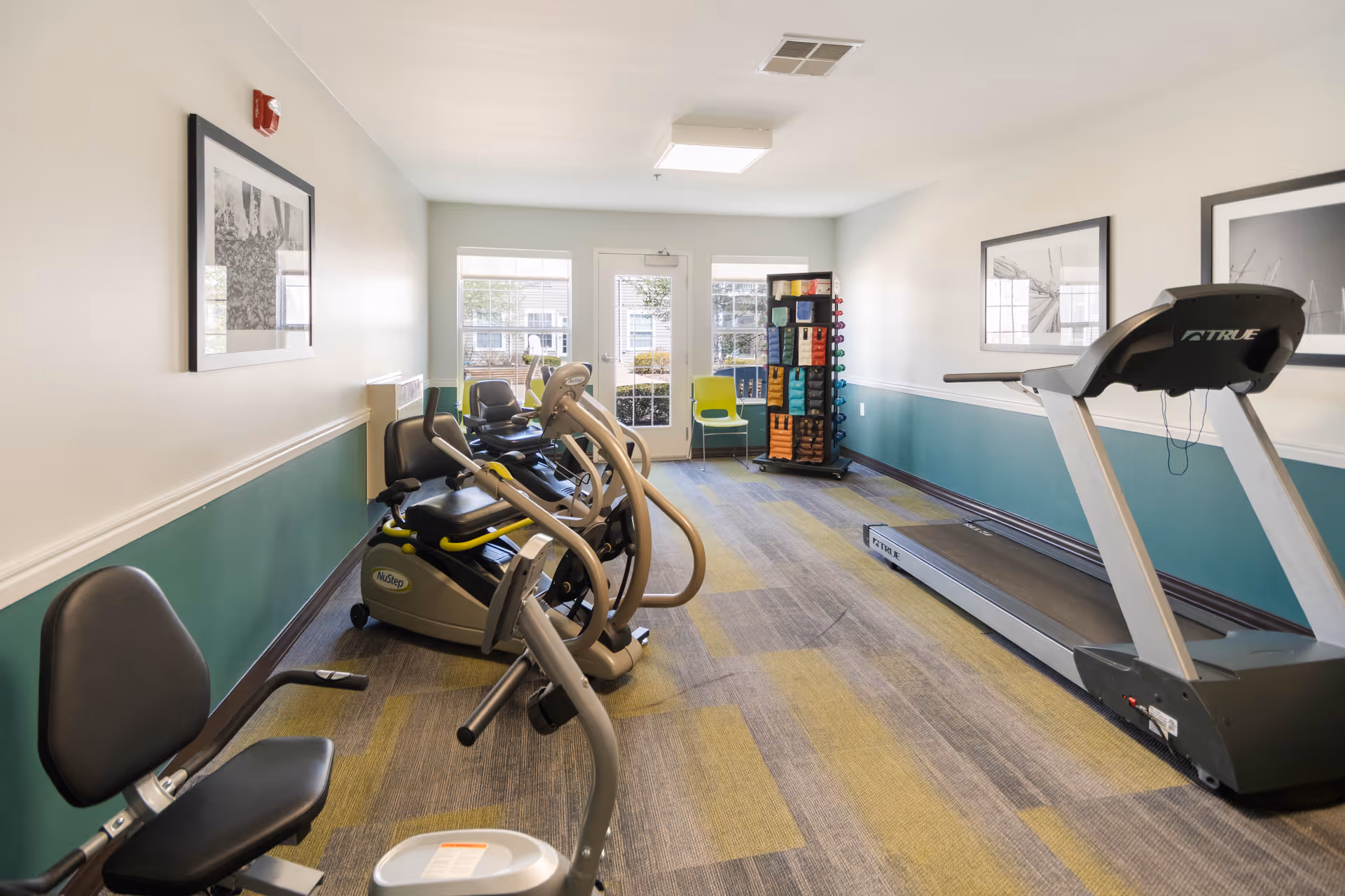 A small fitness room with exercise equipment including a treadmill, stationary bikes, and a rack of colorful dumbbells. The room has light green and white walls, carpeted floor with a geometric pattern, framed black and white photos on the walls, and a door with windows letting in natural light.