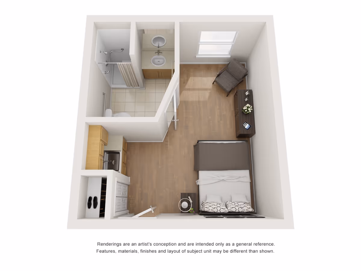 3D floor plan of a small senior living studio apartment featuring a combined bedroom and living area with a bed, nightstand, armchair, and dresser. The unit includes a kitchenette with a sink and cabinets, and a separate bathroom with a shower, toilet, and double sink vanity.