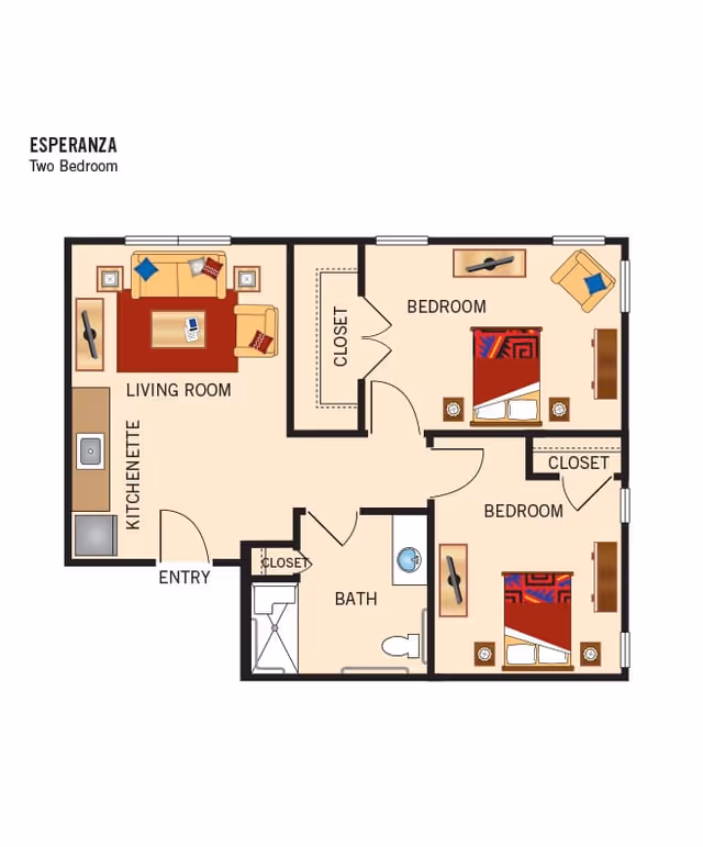 Floor plan of Esperanza two-bedroom apartment featuring a living room with kitchenette, two bedrooms each with closets, a bathroom, and an entry area with an additional closet.