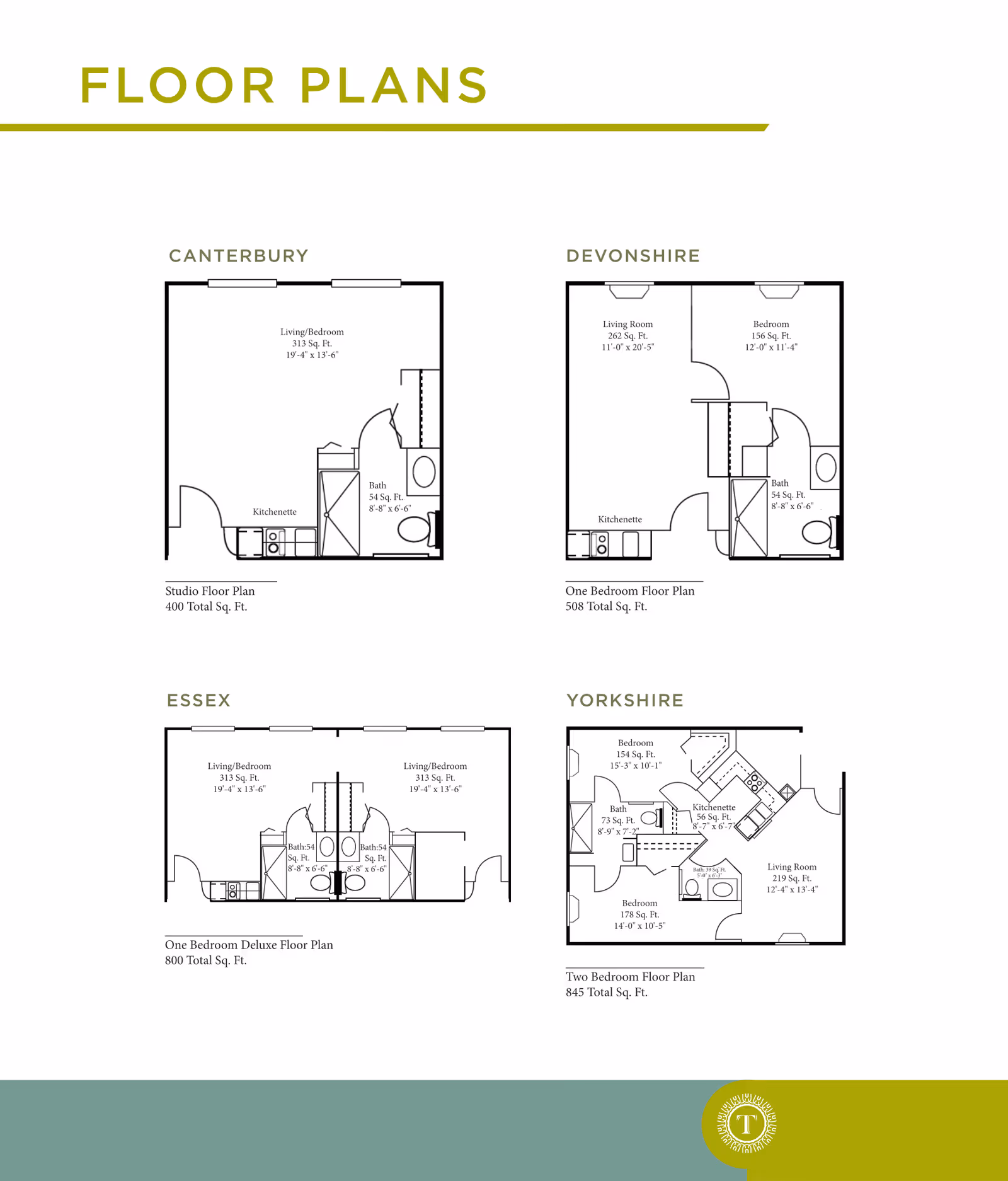 Floor plans for four apartment layouts named Canterbury, Devonshire, Essex, and Yorkshire at Lamar at Town Center. Each plan shows room dimensions and total square footage, including living/bedroom areas, kitchenettes, and bathrooms.