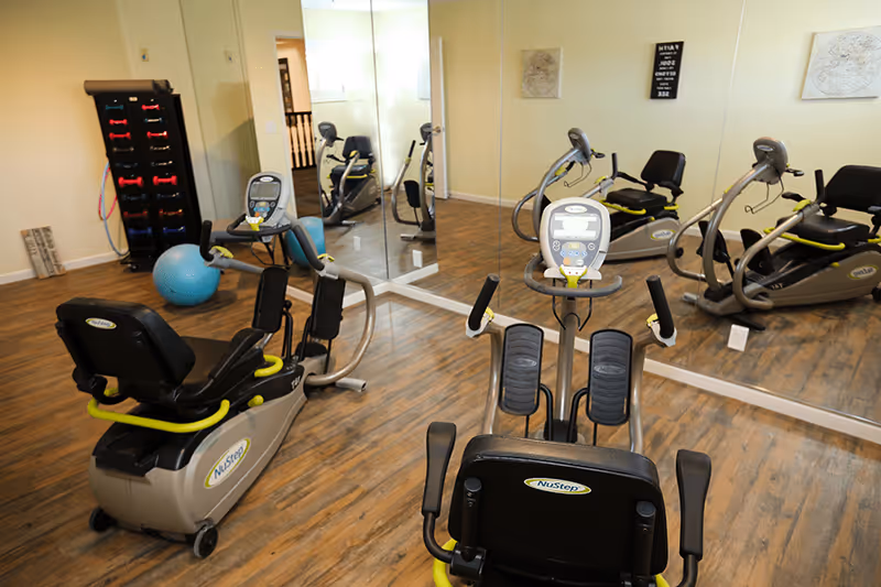 Exercise room with two NuStep recumbent cross trainers on a wood floor, a rack of colorful dumbbells, a blue exercise ball, and a large mirror covering one wall reflecting the equipment and room.