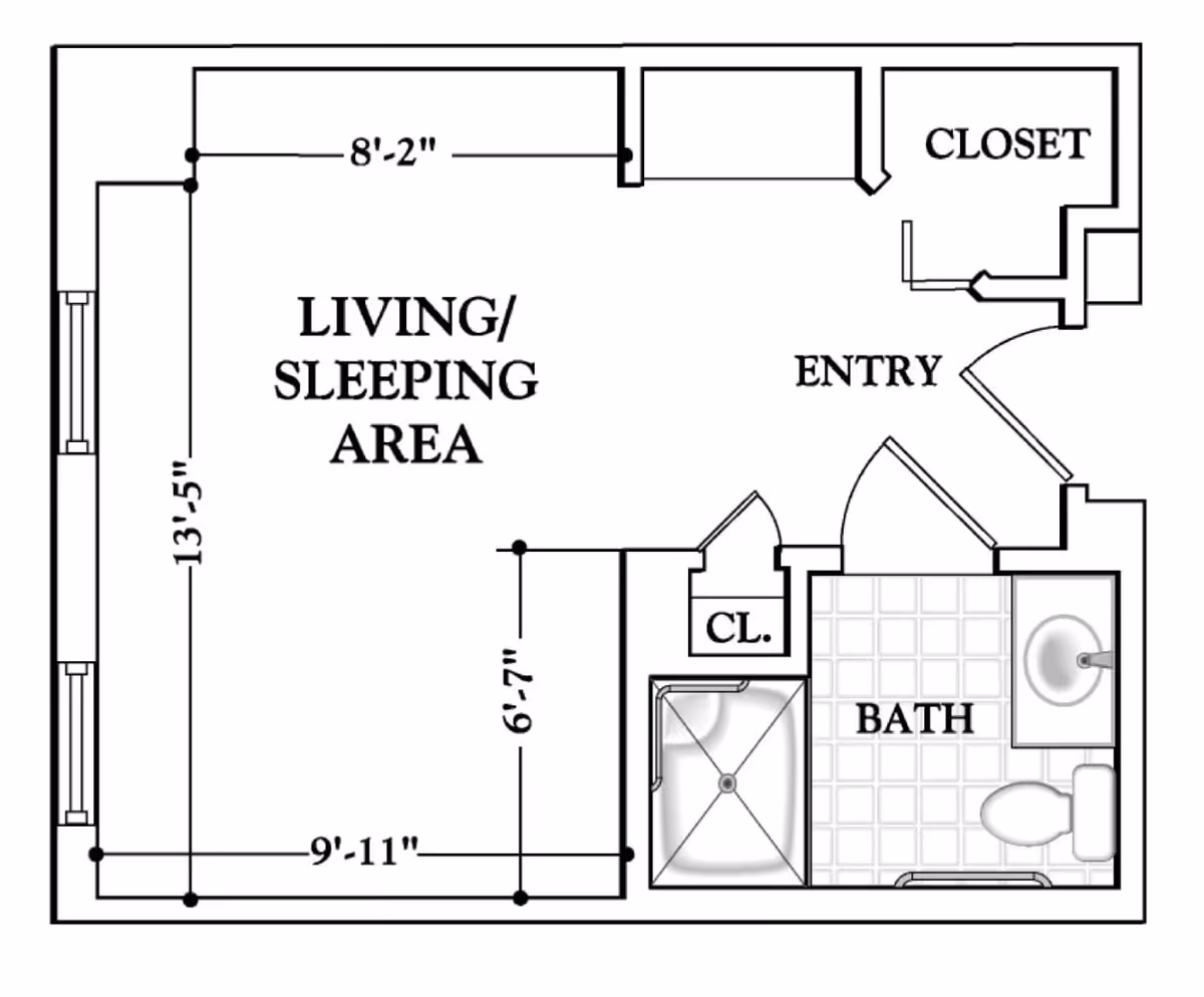Architectural floor plan of a studio apartment layout showing a living/sleeping area, entry, closet, small closet labeled CL., and a bathroom with a shower, sink, and toilet.