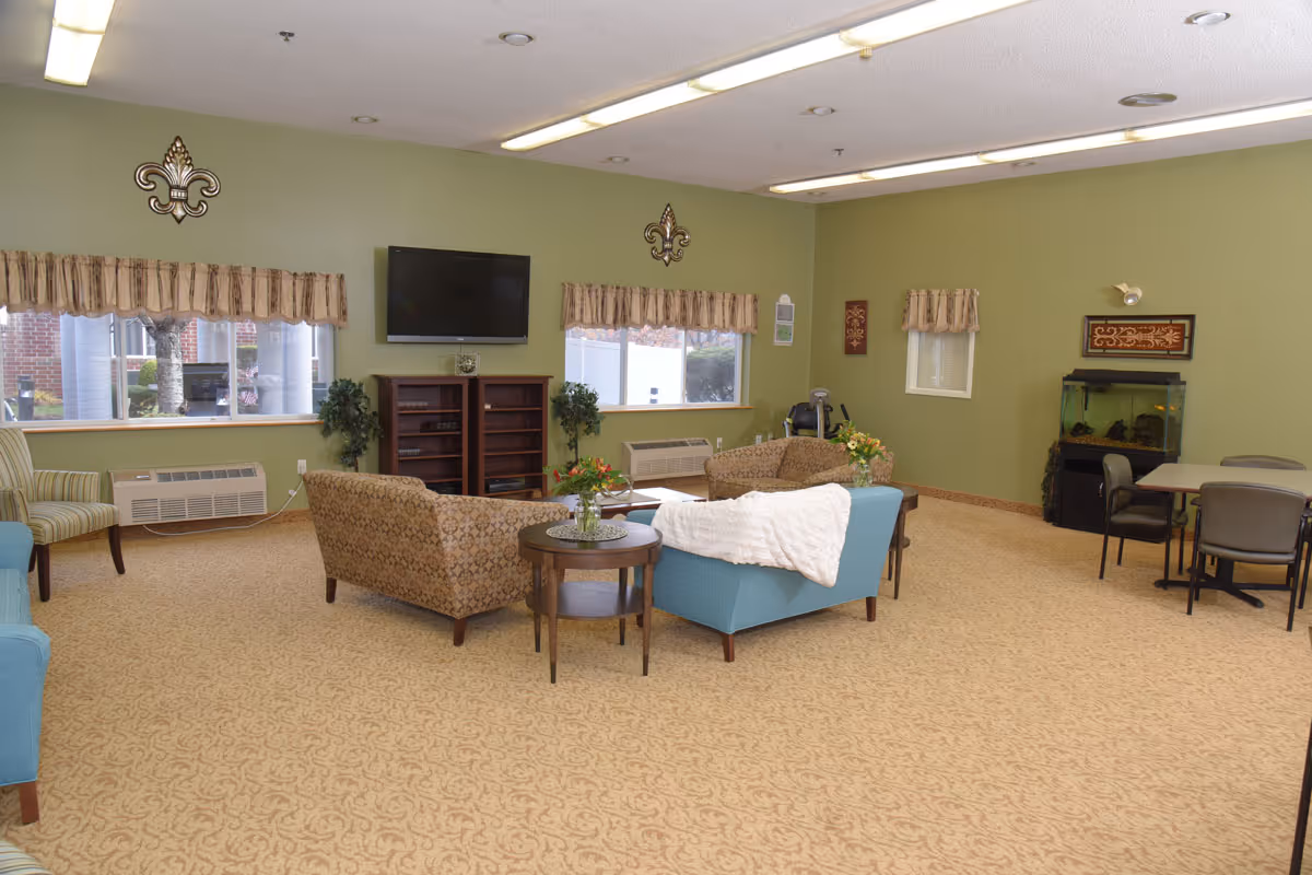 A spacious living room with green walls and beige patterned carpet. The room features a blue armchair with a white throw, two patterned sofas, a round wooden side table with a flower vase, a flat-screen TV mounted on the wall above a wooden cabinet, and two windows with valances. There is also a fish tank, a small dining table with chairs, and decorative wall hangings.