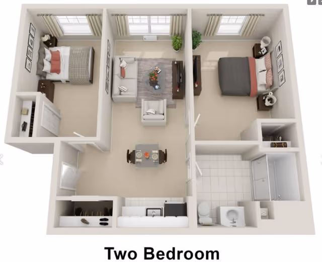 3D floor plan of a two-bedroom apartment featuring two bedrooms with beds and nightstands, a living room with a sofa, armchair, coffee table, and TV, a dining area with a table and four chairs, a kitchen with appliances and cabinets, and a bathroom with a shower, toilet, and sink.
