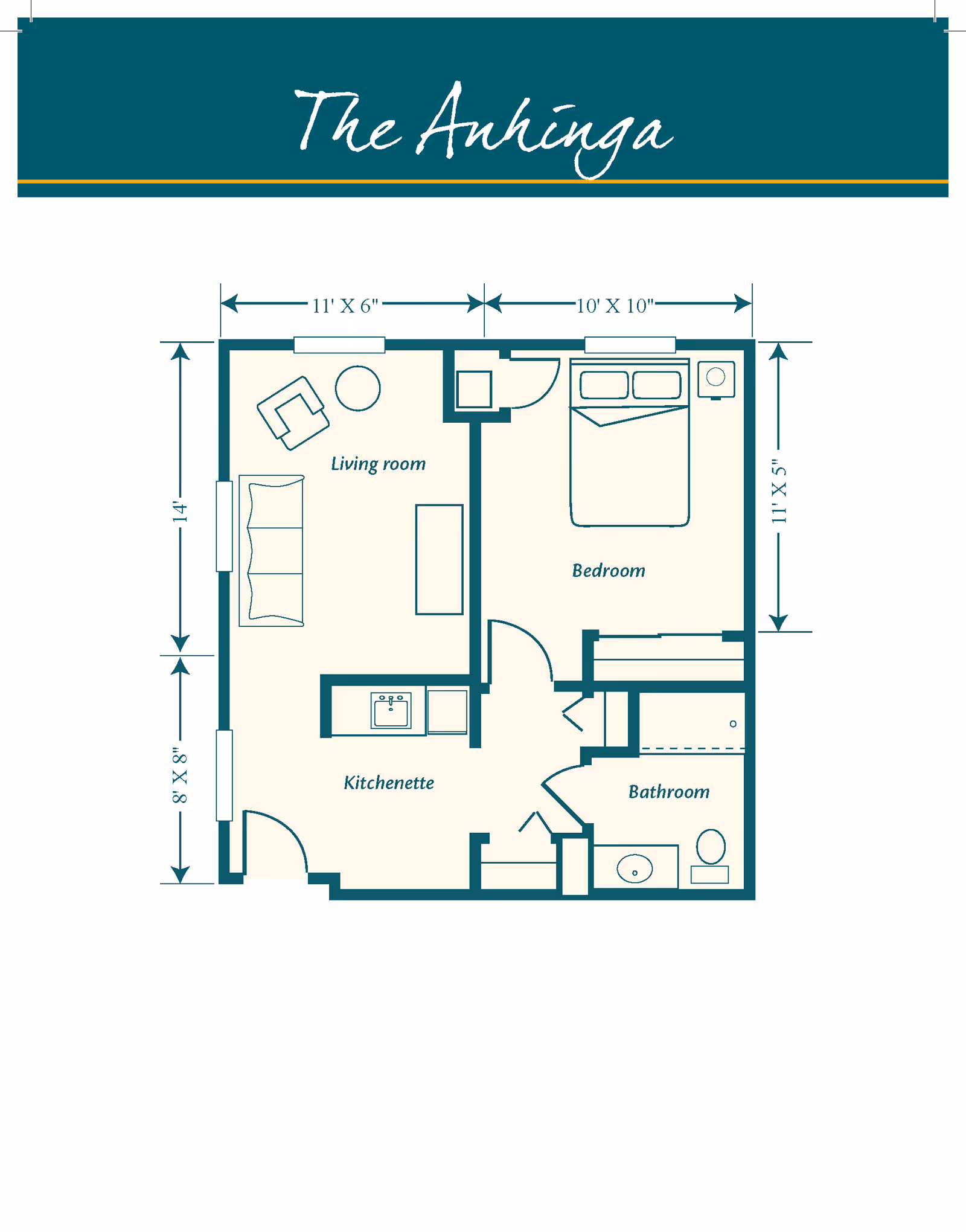 Floor plan titled The Anhinga showing a layout with a living room, kitchenette, bedroom, and bathroom. The living room includes a sofa, chair, and table. The bedroom has a bed and nightstand. The bathroom includes a sink, toilet, and shower. Dimensions for each room are indicated.