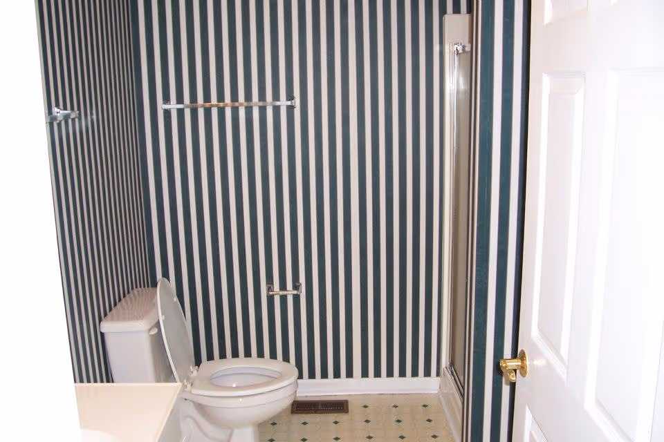 A bathroom with vertical black and white striped wallpaper, a white toilet with the lid open, a towel rack above the toilet, a toilet paper holder on the wall, a shower with a glass door, and a white door with a gold-colored handle partially open.