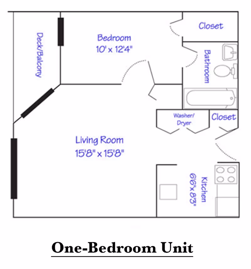 Floor plan of a one-bedroom unit showing a bedroom measuring 10 feet by 12 feet 4 inches, a living room measuring 15 feet 8 inches by 15 feet 8 inches, a kitchen measuring 6 feet 6 inches by 8 feet 3 inches, a bathroom, two closets, a washer/dryer area, and a deck/balcony.