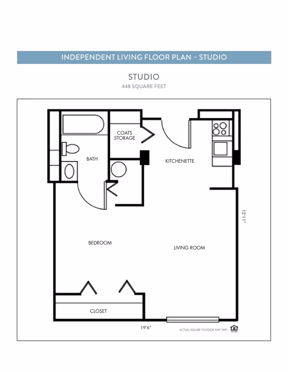 Floor plan of a studio independent living unit at The Montclair Senior Living, showing a combined bedroom and living room area, kitchenette, bathroom, coat storage, and closet. The total area is 448 square feet.