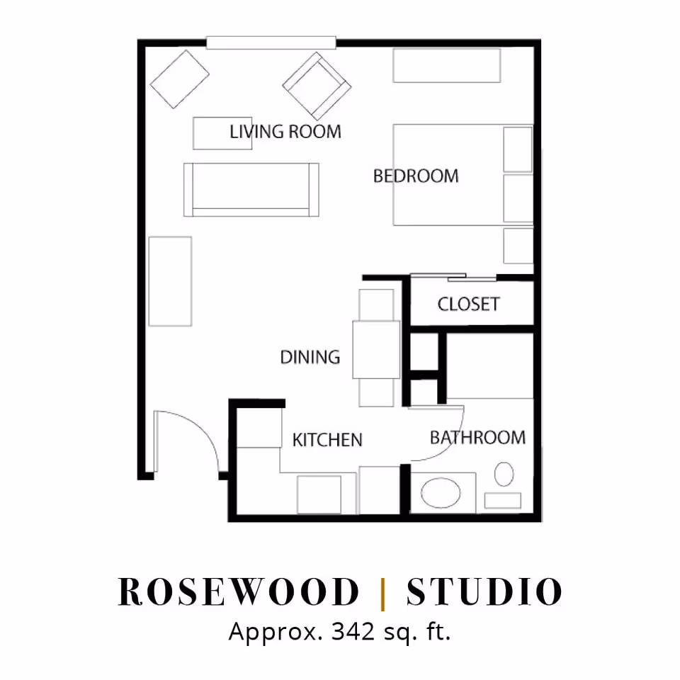 Floor plan of a studio apartment named Rosewood at Parkwood Village, approximately 342 square feet, showing designated areas for living room, bedroom, dining, kitchen, closet, and bathroom.