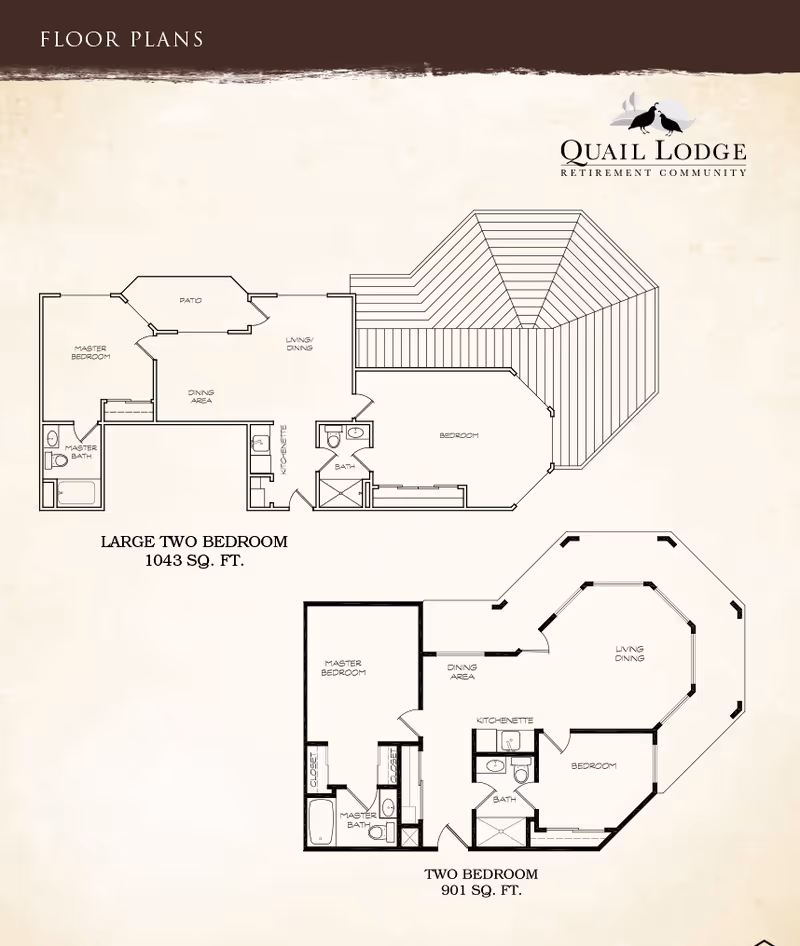 Floor plans for two types of two-bedroom apartments at Quail Lodge Retirement Community. The first plan is a large two-bedroom layout with 1043 square feet, featuring a master bedroom with master bath, a second bedroom, a bath, kitchenette, dining area, living/dining space, and a patio. The second plan is a two-bedroom layout with 901 square feet, including a master bedroom with master bath and closet, a second bedroom, a bath, kitchenette, dining area, and living/dining space.