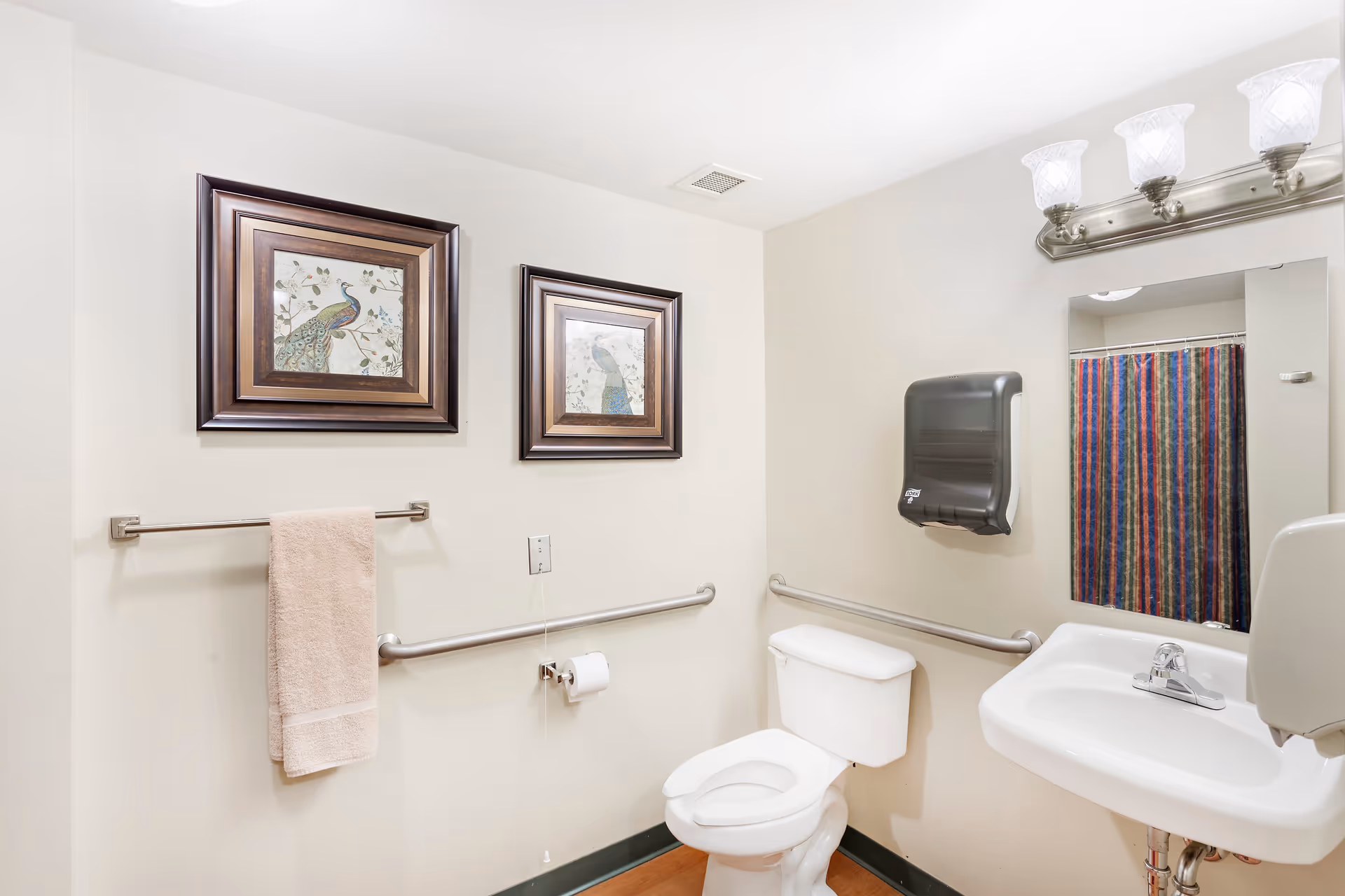 A clean and accessible bathroom with a white toilet, white sink, and grab bars on the walls. There are two framed pictures of peacocks hanging above a towel rack with a beige towel. A mirror with a light fixture above it and a black paper towel dispenser are mounted on the wall. A colorful striped shower curtain is visible in the reflection of the mirror.