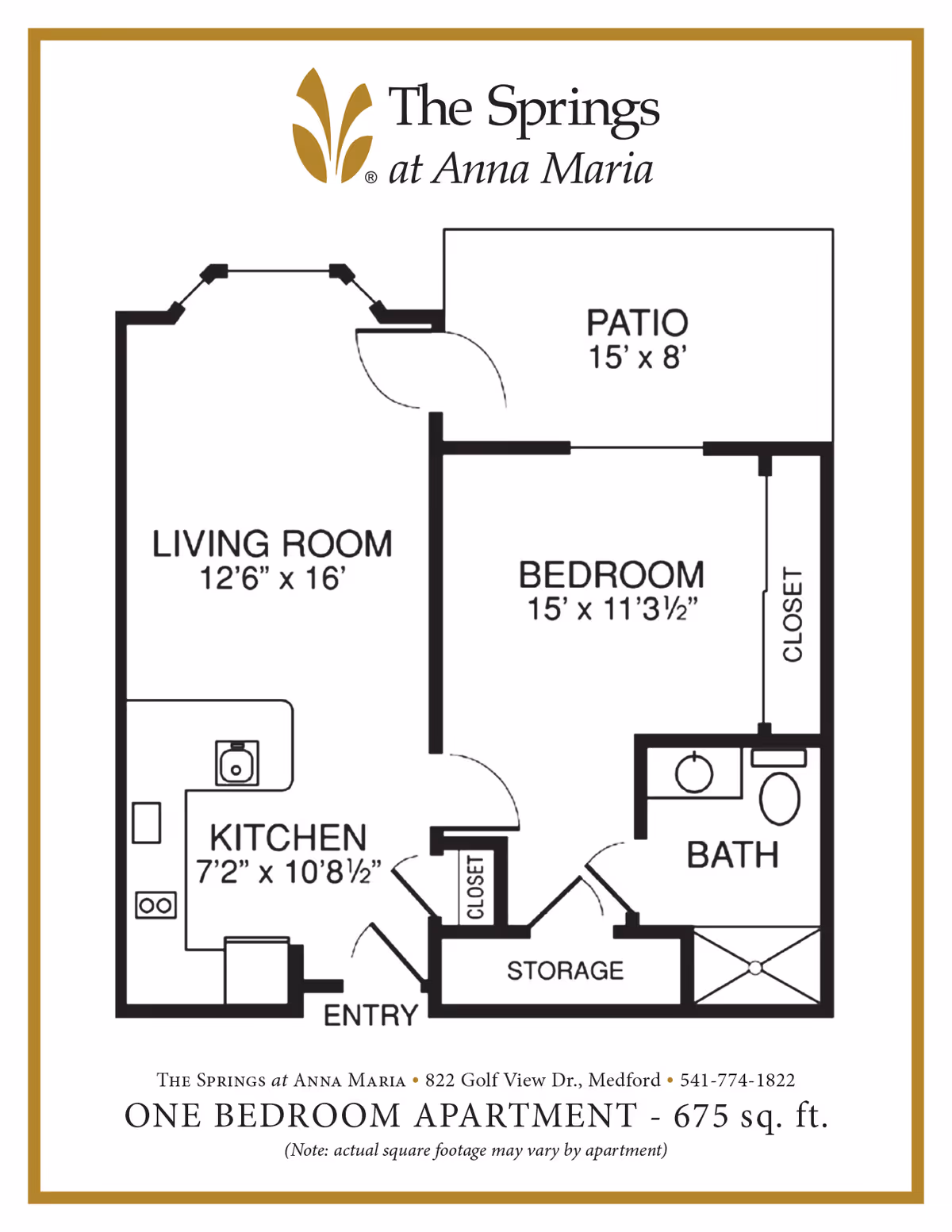 Labeled floor plan diagram of a one-bedroom, one-bath apartment at The Springs at Anna Maria showing living room, kitchen, bedroom, bath, storage, closets, entry and a patio with dimensions.