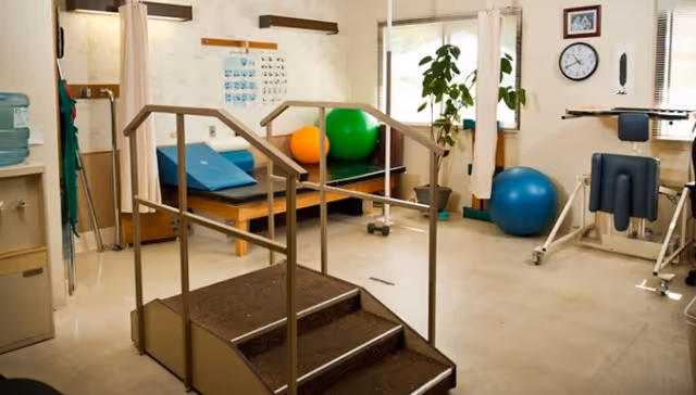 A physical therapy room with exercise equipment including parallel bars with stairs, therapy tables with blue cushions, large exercise balls in green, orange, and blue, a water cooler, a clock on the wall, and a potted plant near the window.
