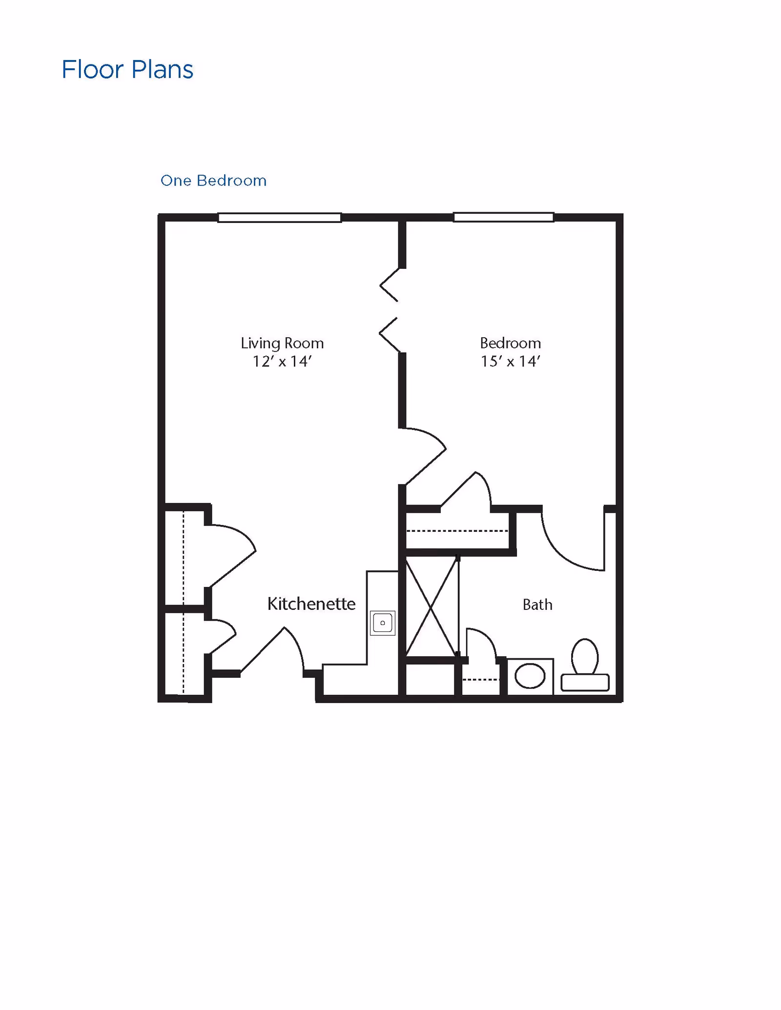 Floor plan of a one-bedroom unit showing a living room measuring 12 feet by 14 feet, a bedroom measuring 15 feet by 14 feet, a kitchenette, and a bathroom with a toilet and sink.