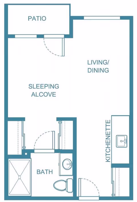 Floor plan of a living space at Holiday Fleming Point showing a patio, sleeping alcove, living/dining area, kitchenette, and a bathroom with a shower, toilet, and sink.