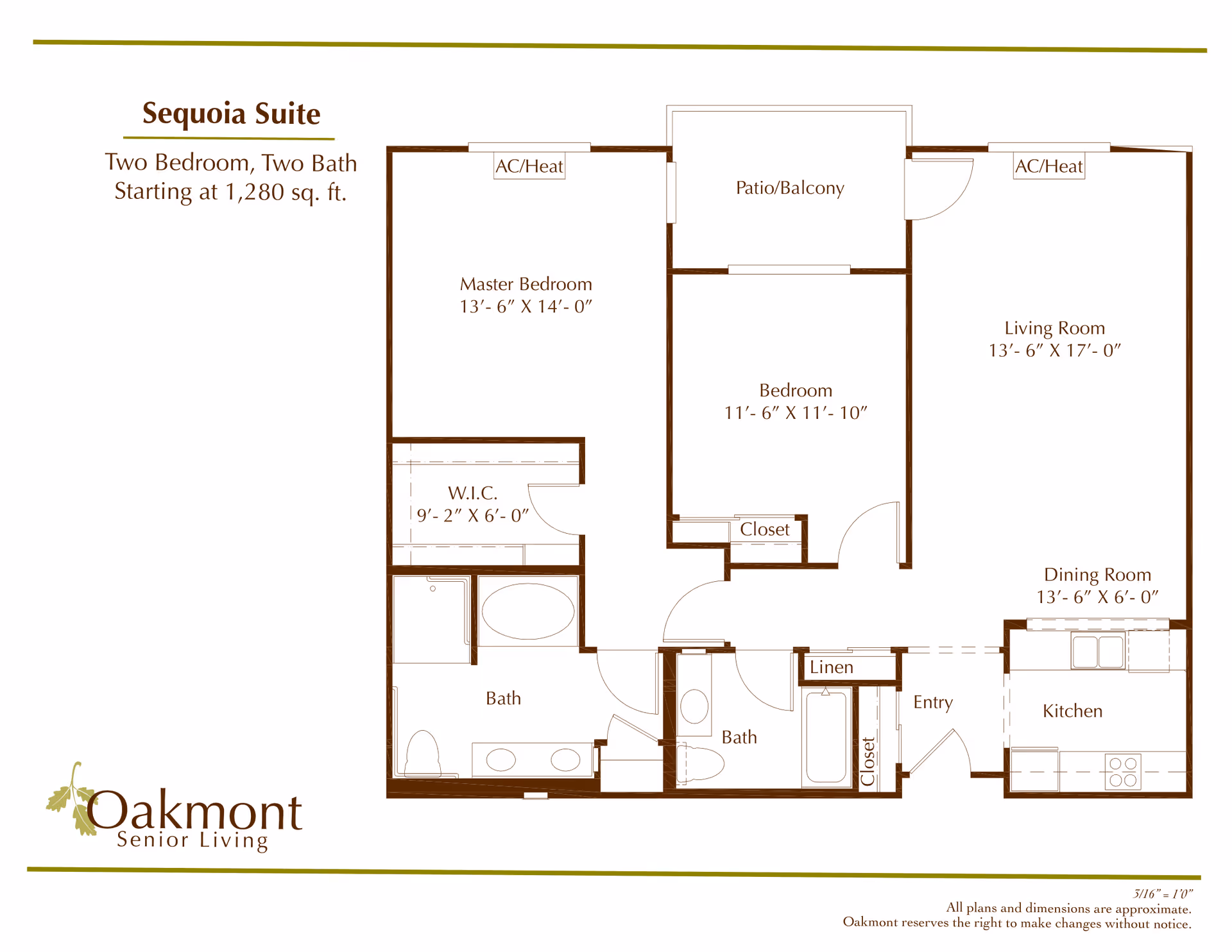 Floor plan of the Sequoia Suite at Oakmont Senior Living, showing a two-bedroom, two-bath apartment layout with a master bedroom, second bedroom, living room, dining room, kitchen, two bathrooms, walk-in closet, linen closet, entry, and patio/balcony.