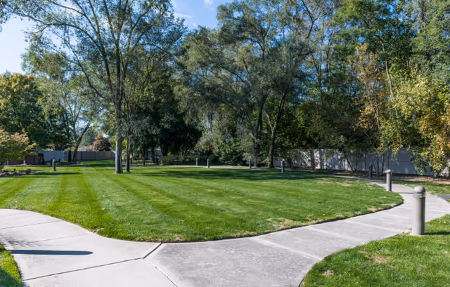 A well-maintained outdoor area with a curved concrete walkway surrounding a green lawn, bordered by trees and a white fence under a clear blue sky.