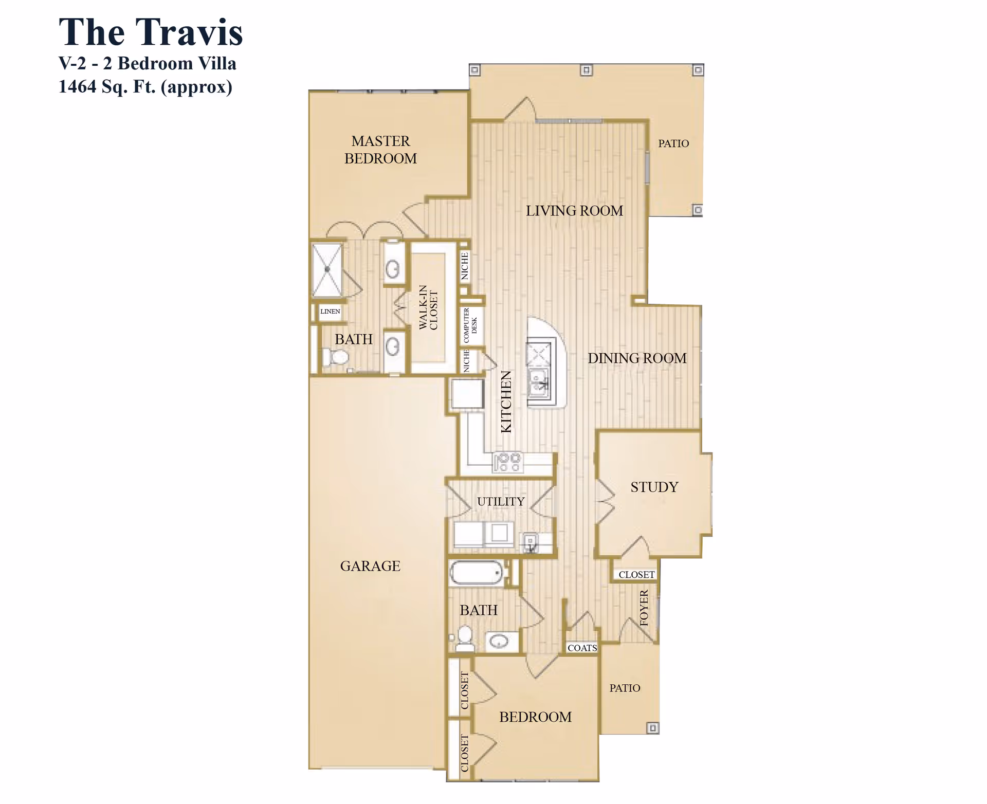 Floor plan of The Travis, a 2 bedroom villa with approximately 1464 square feet, showing layout including master bedroom, second bedroom, two bathrooms, kitchen, living room, dining room, study, utility room, garage, walk-in closet, linen closet, coat closet, foyer, and two patios.