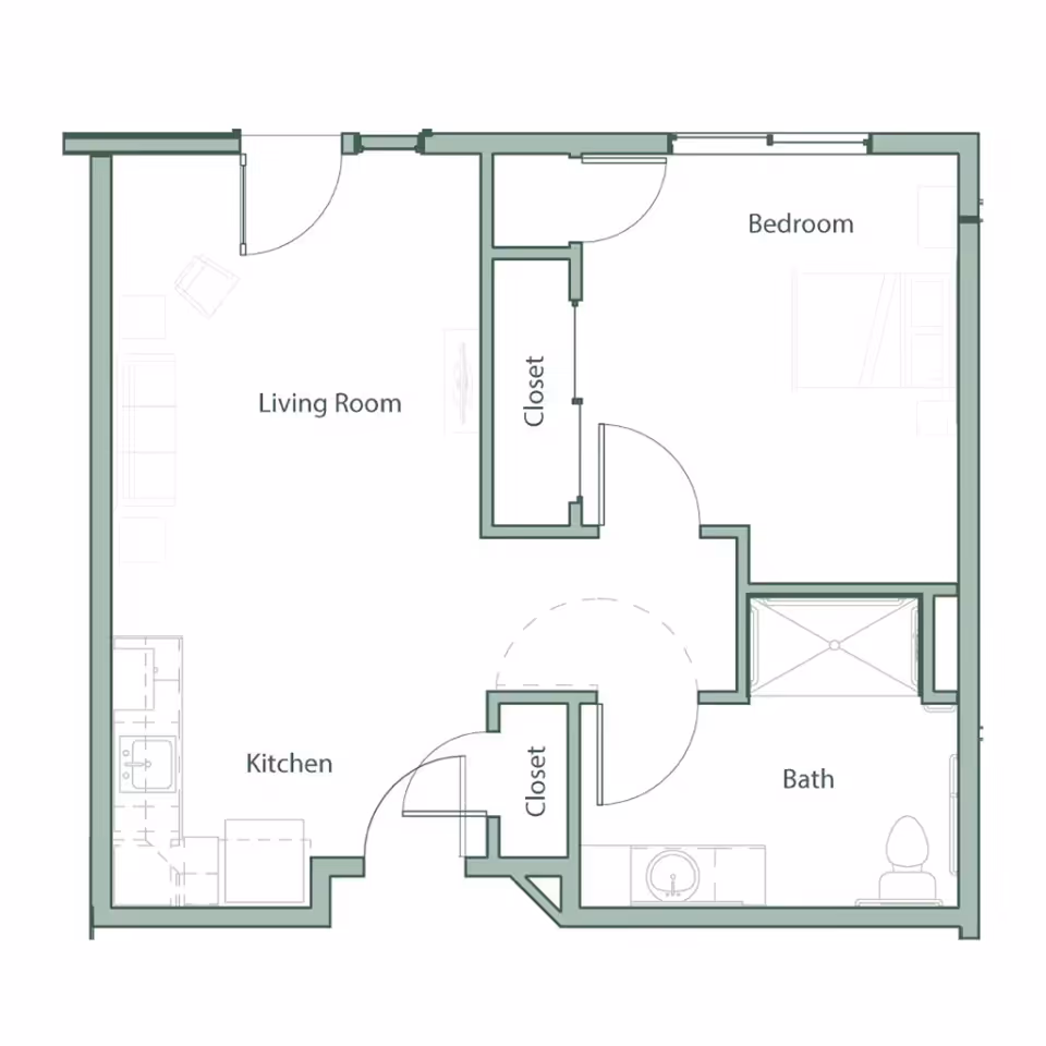 Architectural floor plan of a one-bedroom apartment at Legacy House of Centennial Hills, showing a living room, kitchen, bedroom, bathroom, and two closets.