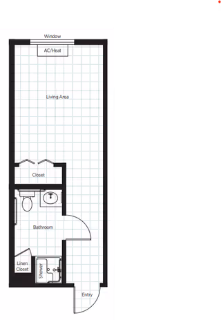 Floor plan of a senior living unit at Belmont Village Senior Living Scottsdale showing an entry leading to a bathroom with a shower, linen closet, and toilet, a closet, and a living area with a window and AC/Heat unit.