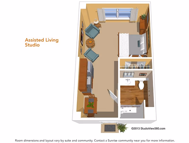 3D floor plan of an assisted living studio apartment showing a combined living and sleeping area with a bed, two armchairs, a small table, a dresser, and a kitchenette. There is a separate bathroom with a sink, toilet, and shower. The layout includes windows and some decorative plants.